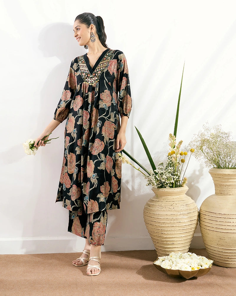 Black Printed V-Neck Kurta Set with Embroidered Neckline for Women