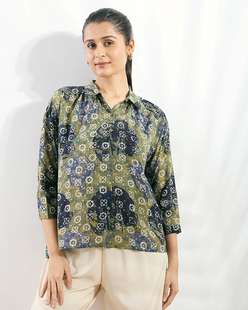 Green Modal Printed Boxy Fit Shirt for Women
