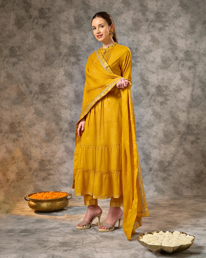 Foil Printed Kurta Set with Pant and Dupatta - Mustard