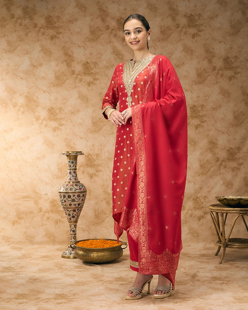 Asymmetric Brocade Kurta Set - Red