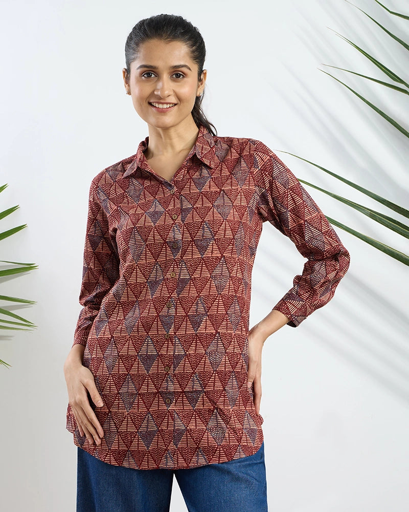 Red Viscose Printed Regular Fit Shirt for Women