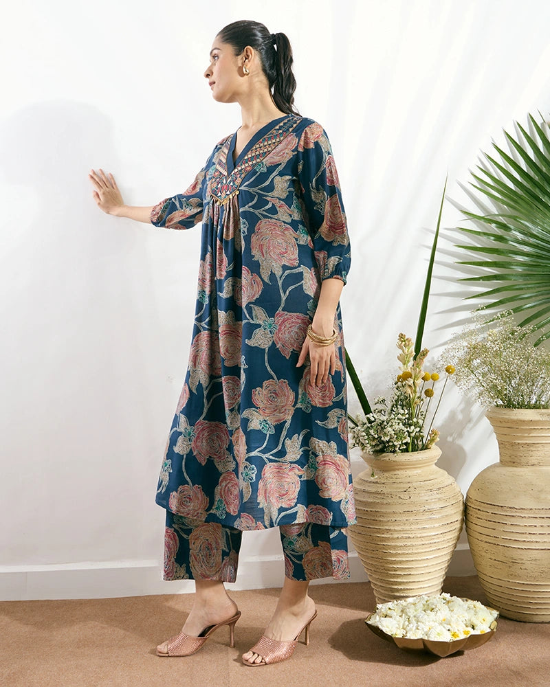 Navy Blue Printed V-Neck Kurta Set with Embroidered Neckline for Women