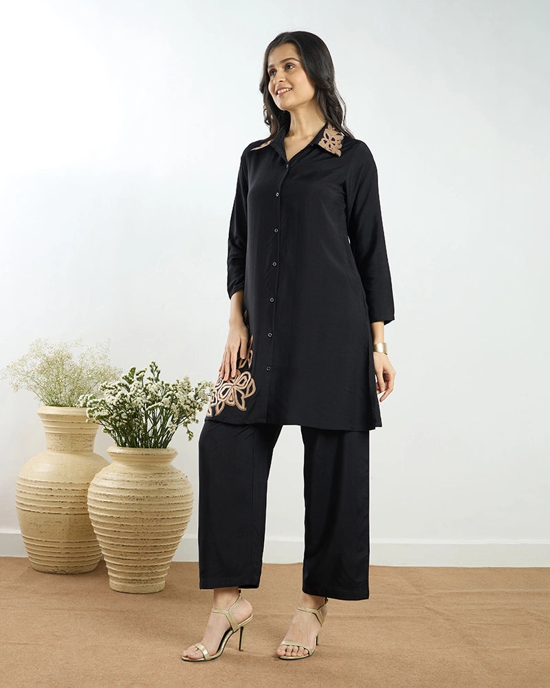 Black Placement Embroidered A-Line Co-ord Set for Women