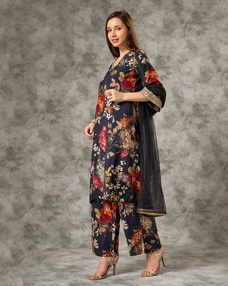 A-line Printed kurta set - Blue