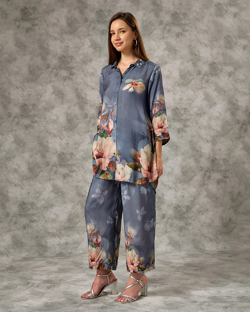 Embroidered Printed Co-ord Set - Blue