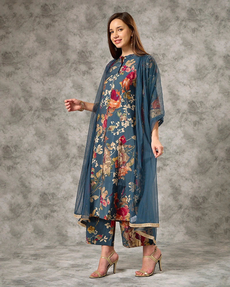 Zari Embroidred Printed Kurta Set - Blue