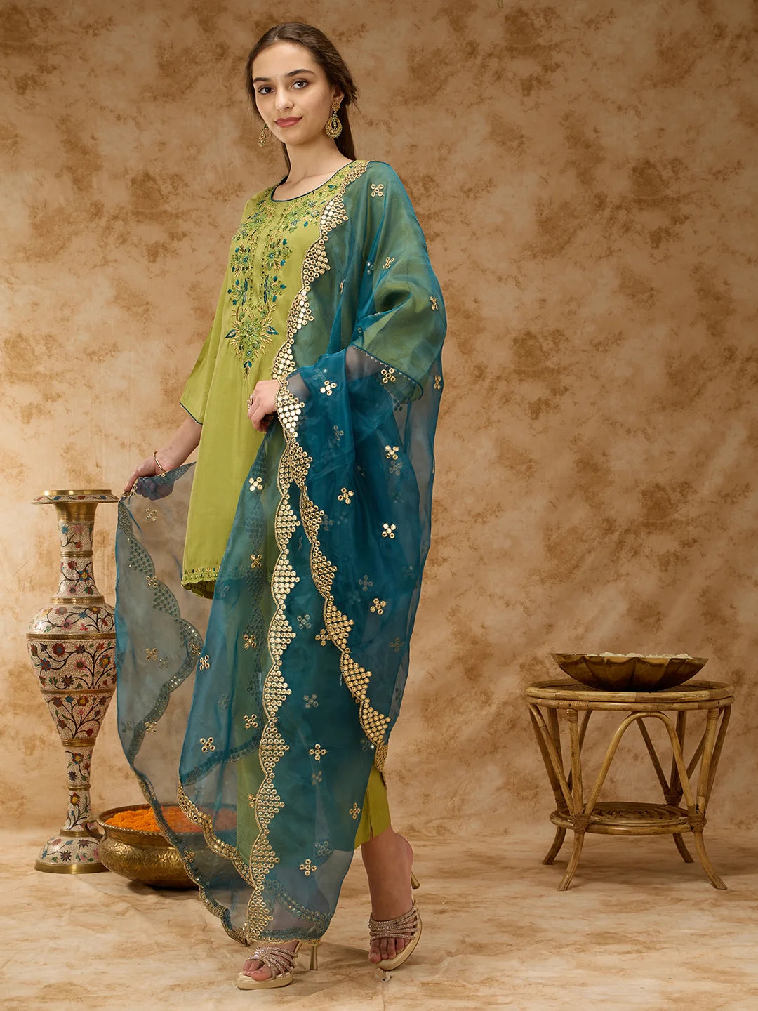 Round-Neck Embroidered Kurta Set with Pant and Dupatta - Lime