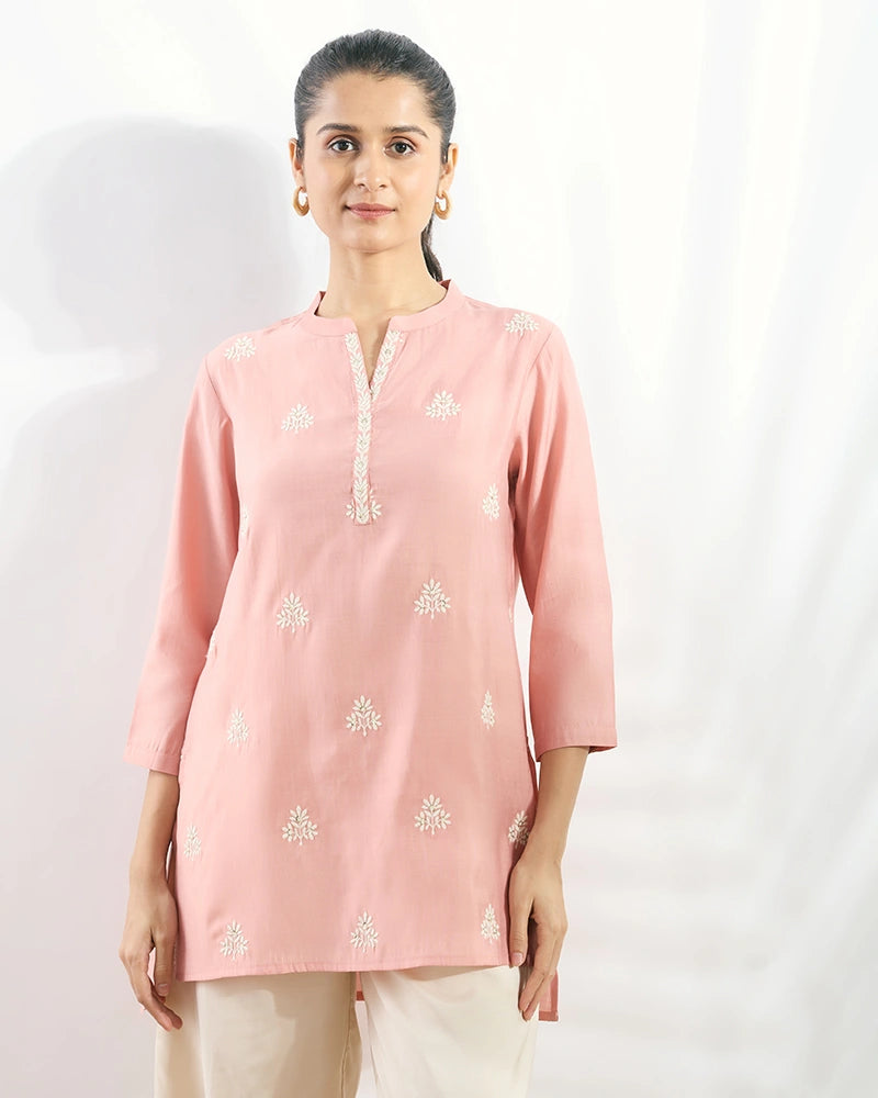 Pink All-Over Embroidered Hi-Low Top for Women