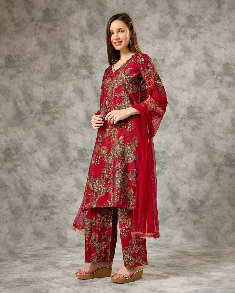 A-line Printed kurta set - Red