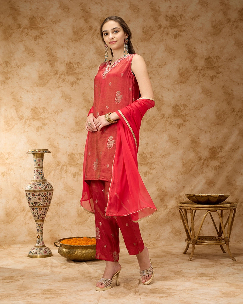 Brocade Kurta Set - Brick Red