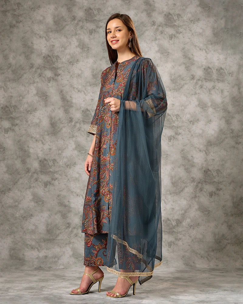 Zari Embroidred Printed Kurta Set - Blue