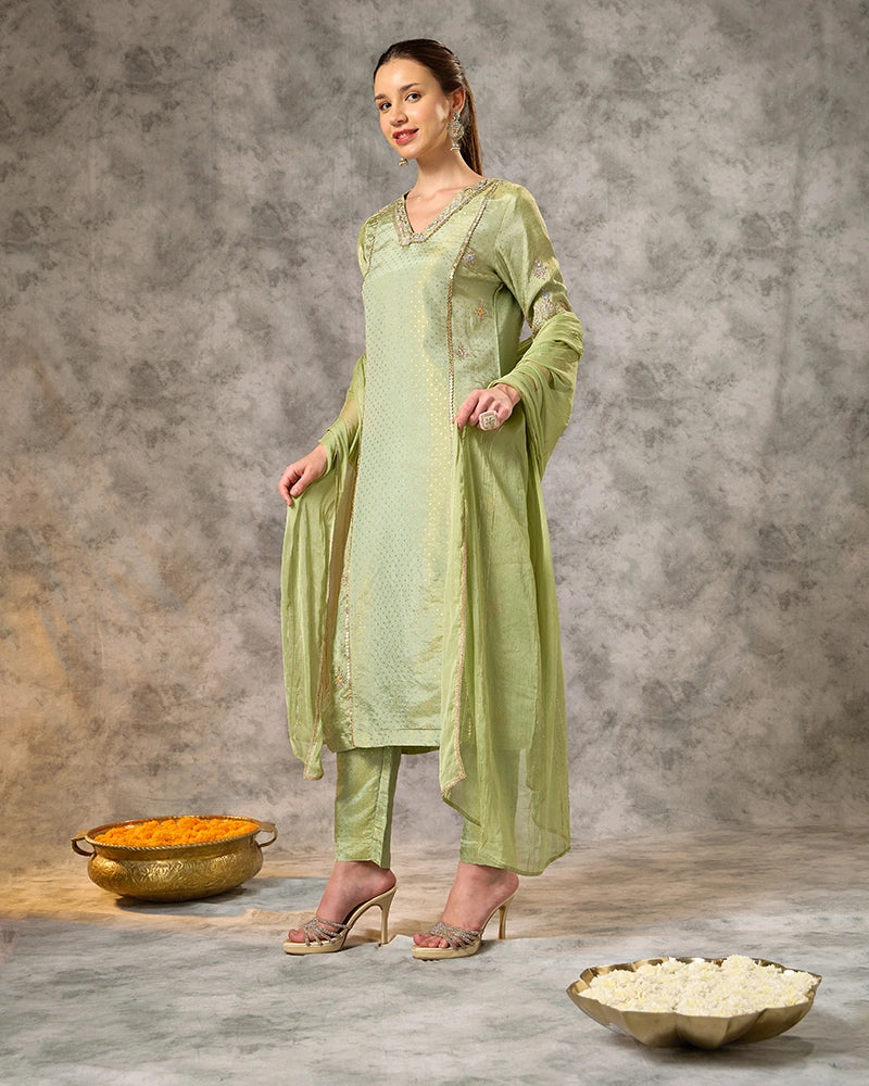 A-line embroidered kurta set - Sage Green
