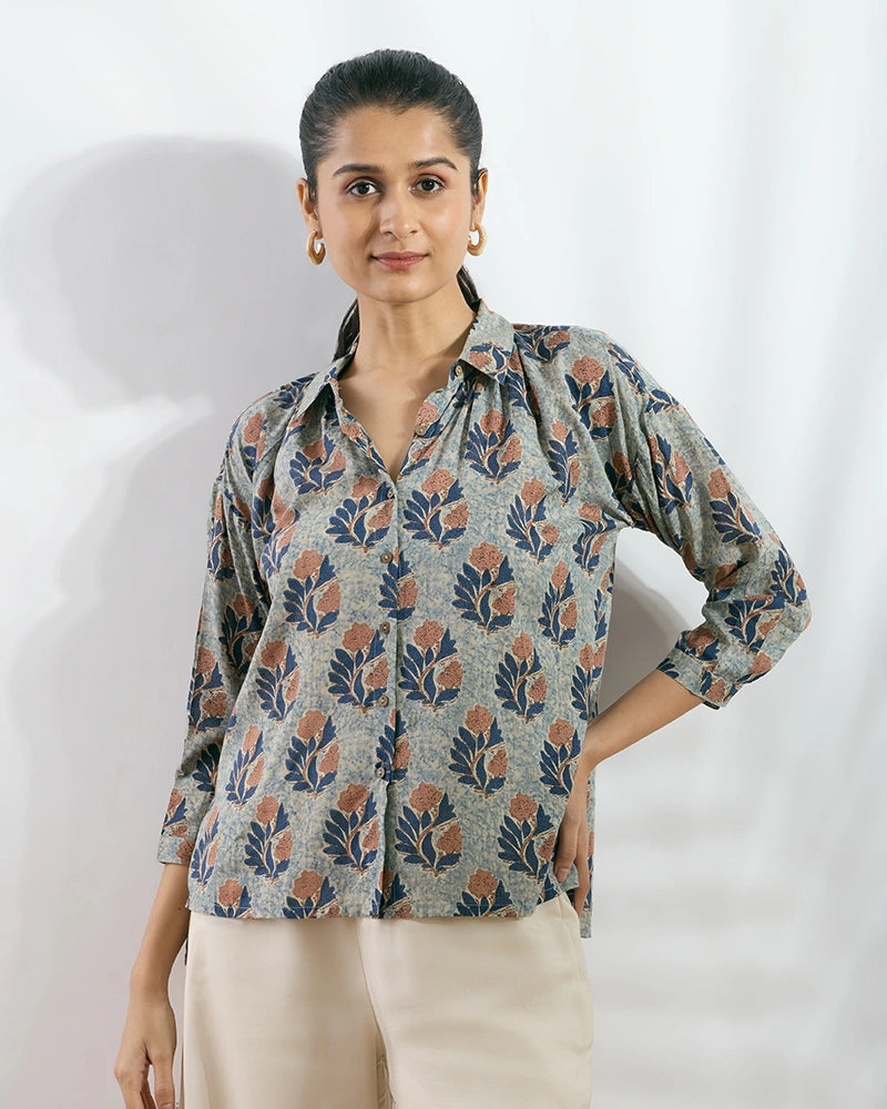 Navy Blue Modal Printed Boxy Fit Shirt for Women