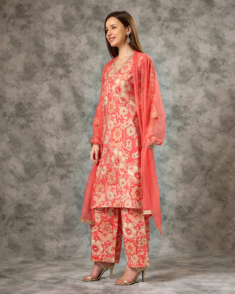 A-line Printed kurta set - Orange