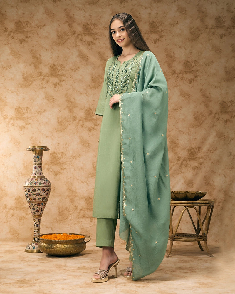 A-line embroidered kurta set - Sage Green