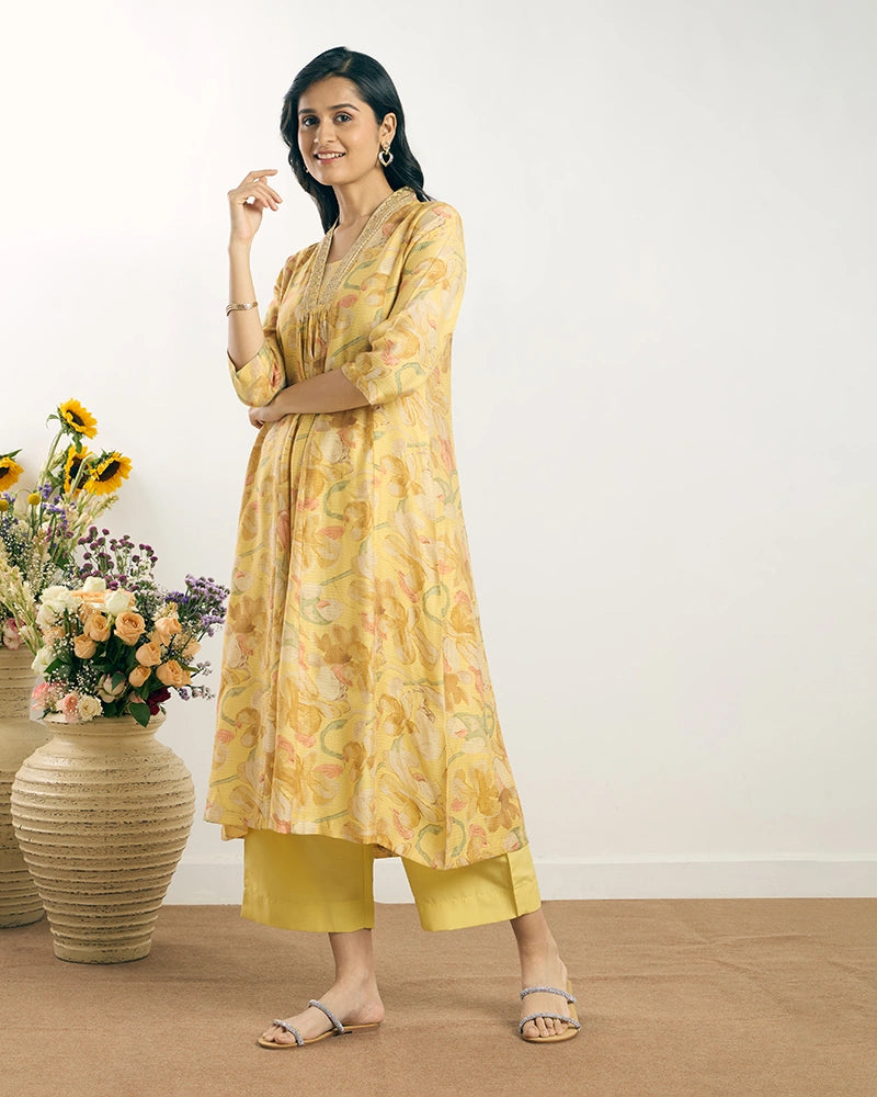 Yellow V-Neck Zari Embroidered Kurta Set for Women