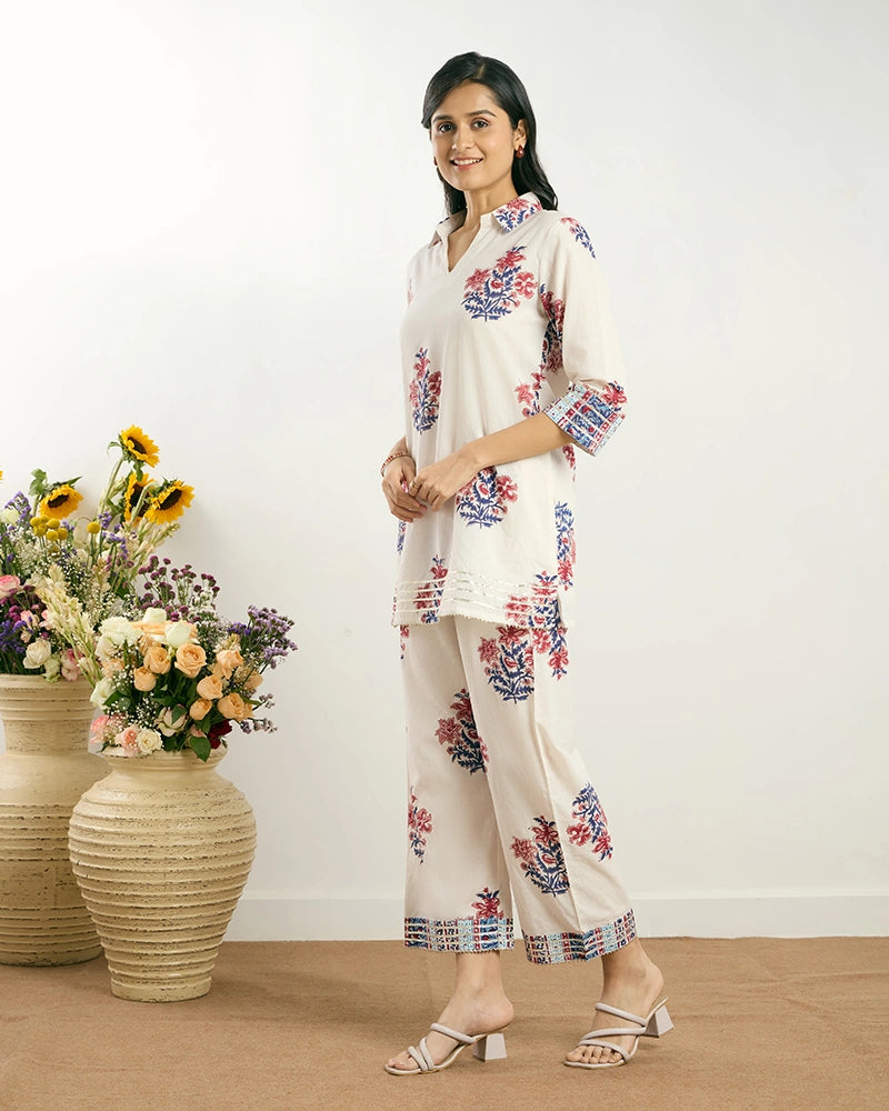 Off-White Butta Printed V-Neck Co-ord Set for Women