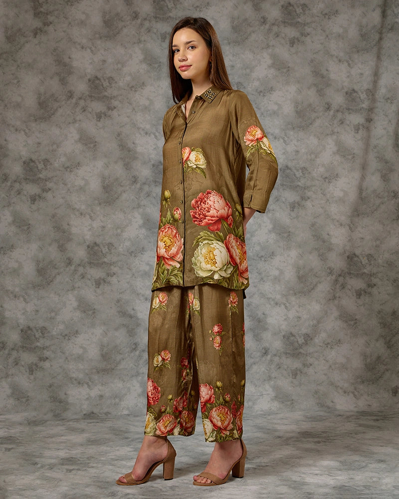 Embroidered Printed Co-ord Set - Green