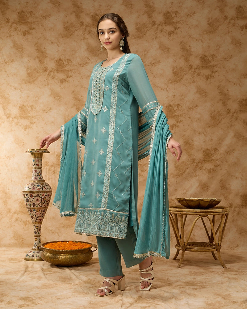 Round neck straight kurta SKD set featuring elegant placement embroidery.