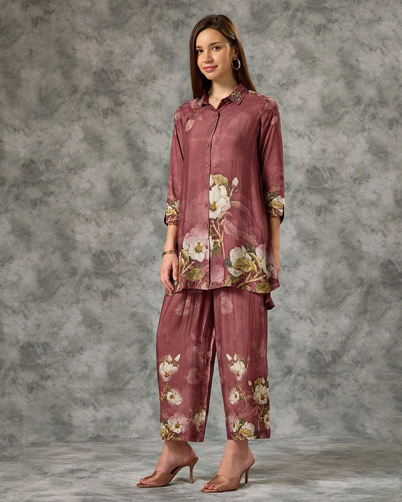 Embroidered Printed Co-ord Set - Purple