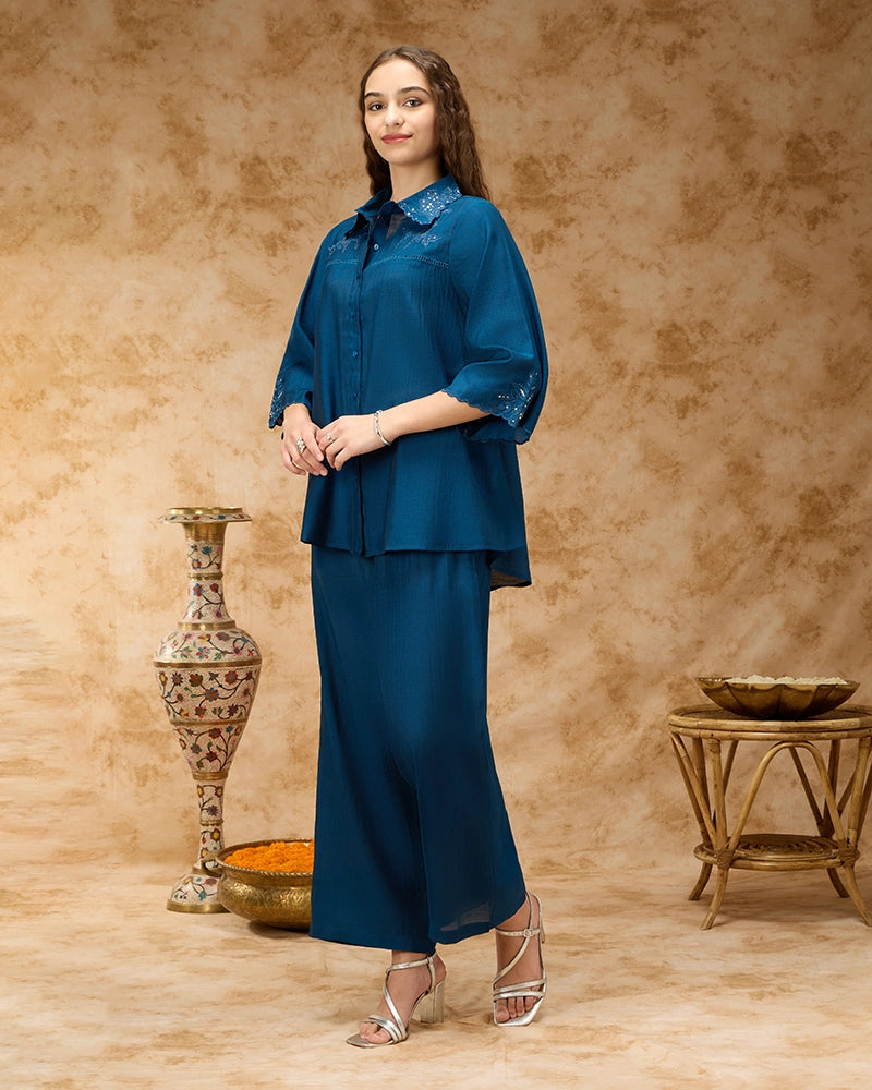 Shirt Collar Co-ord Set with Tonal Embroidery & Lace Inserts - Blue