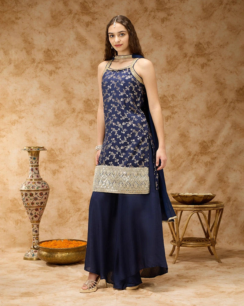 Sleeveless Brocade Kurta Set with Wide Leg Pant and Dupatta - Navy