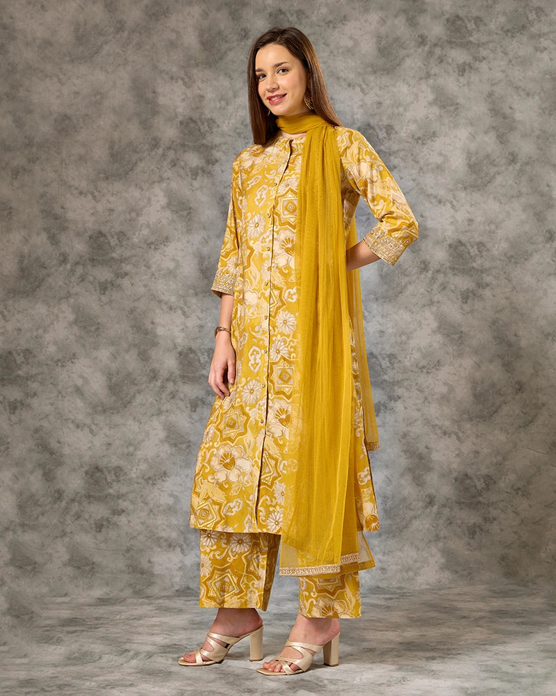 Zari Embroidred Printed Kurta Set - Yellow