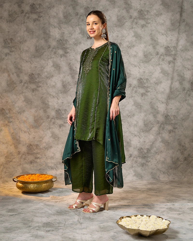 Asymmetric Embroidered Kurta Set - Bottle Green