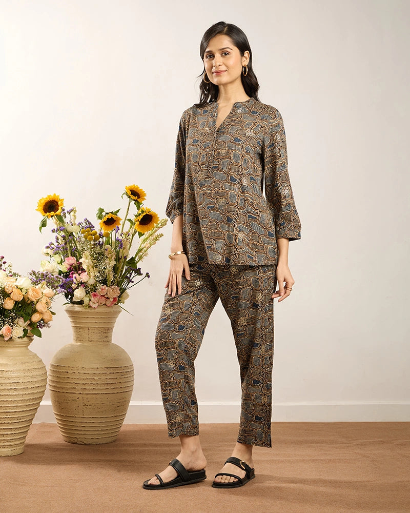 Blue Printed Y-Placket Co-ord Set for Women