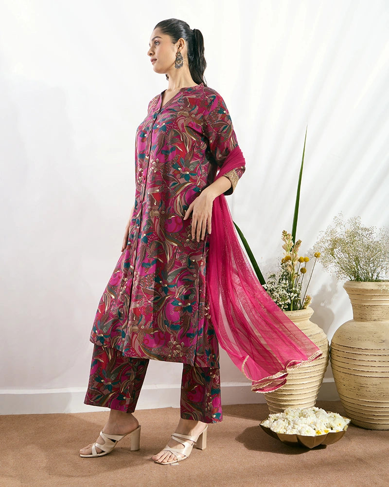 Blue Printed Button-Down Kurta Set with Dupatta for Women