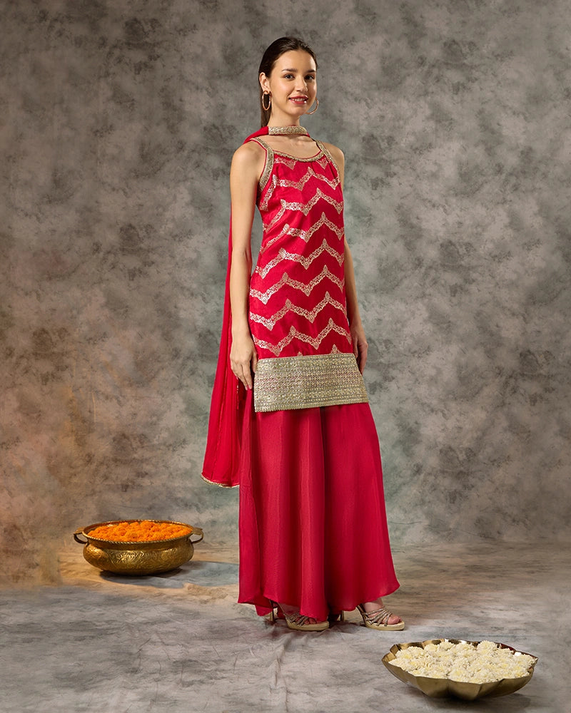 Sleeveless Brocade Kurta Set with Wide Leg Pant and Dupatta - Red