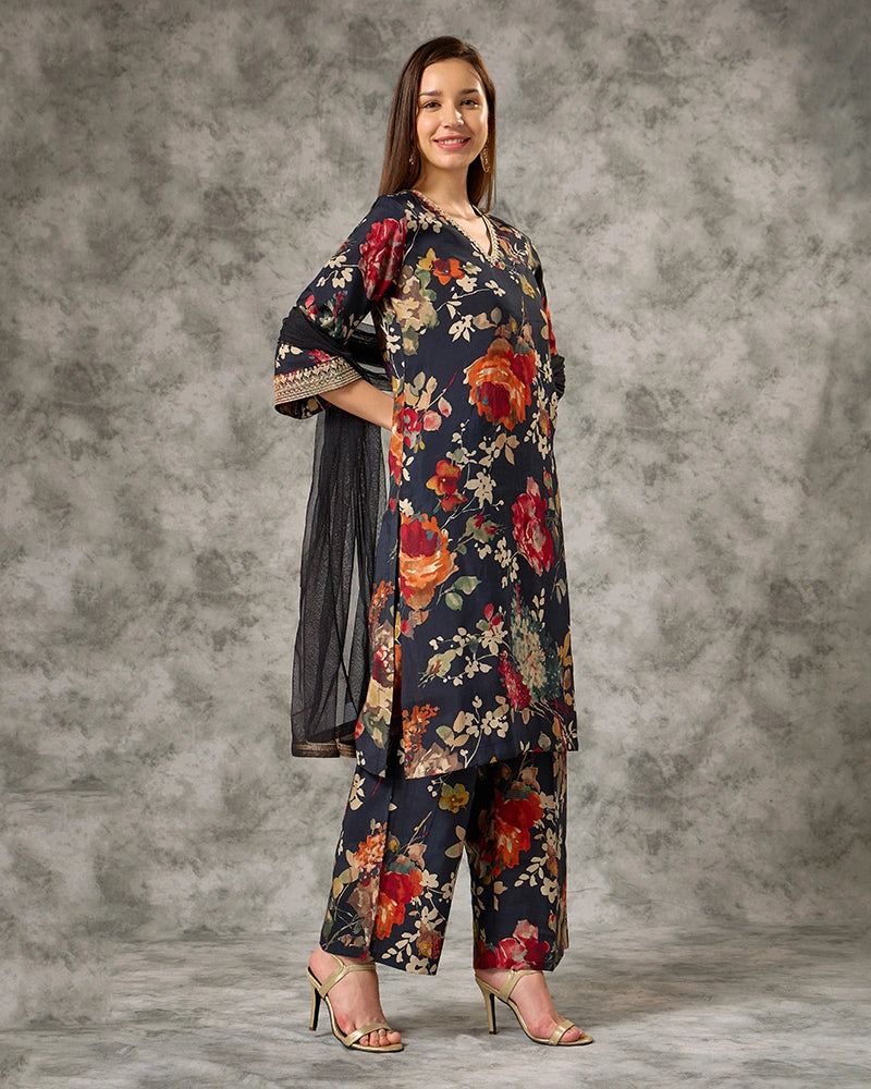 A-line All Over Floral Printed Kurta Set with Pant & Dupatta - Blue