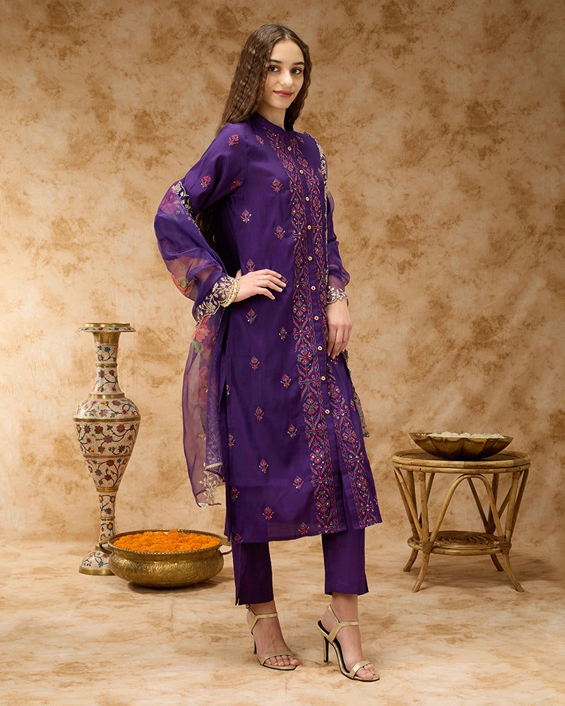 A-line Embroidered Kurta Set with Pant & Dupatta - Purple