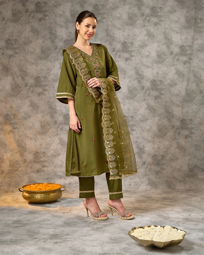 A-Line Embroidered Yoke Kurta Set with Pant and Dupatta - Lime