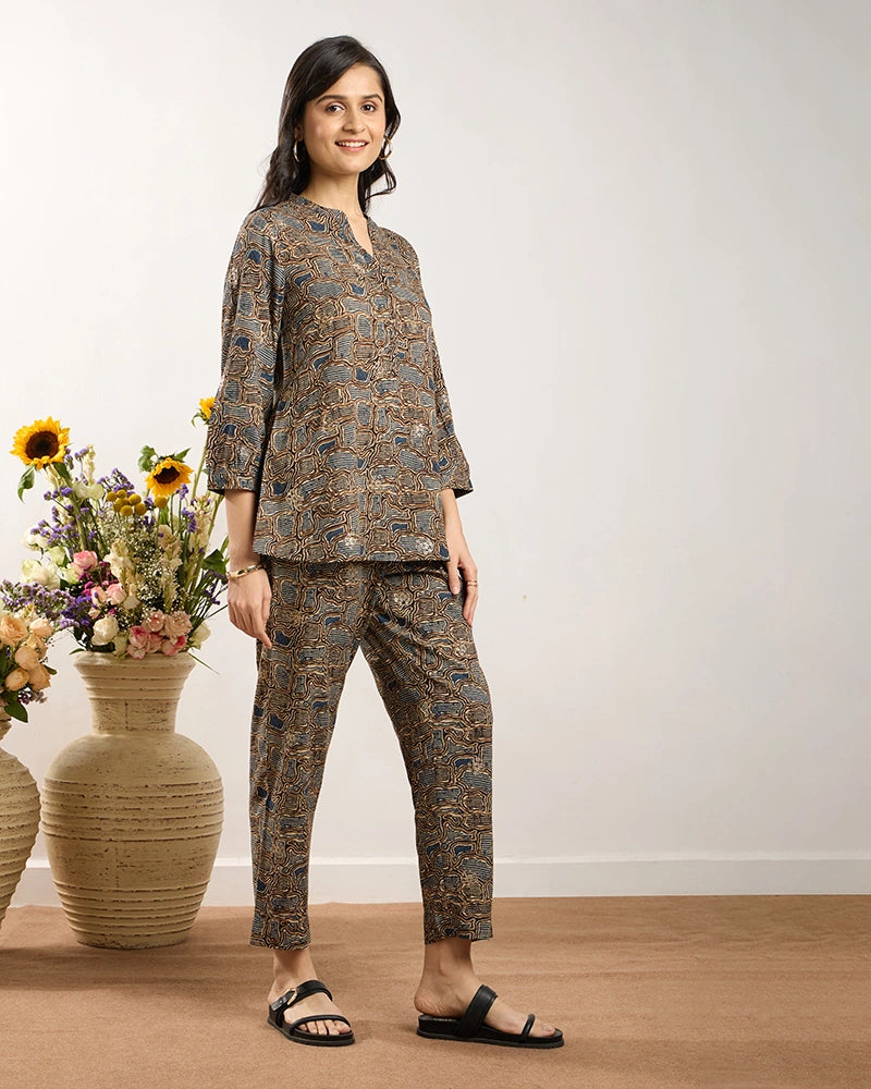 Blue Printed Y-Placket Co-ord Set for Women