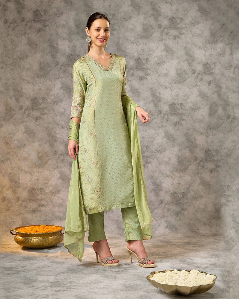 A-line embroidered kurta set - Sage Green