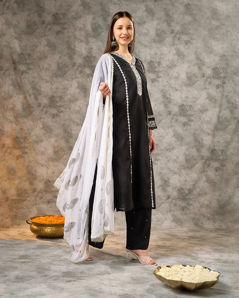V-Neck Embroidered Kurta Set with Pant and Dupatta - Black