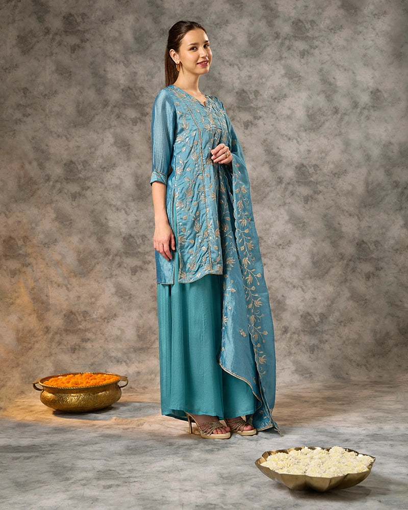 Embroidered Round Neck Kurta Set with Wide Pant and Dupatta - Teal