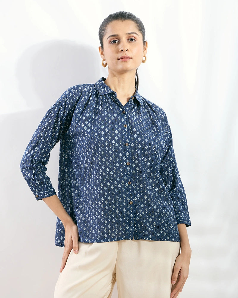 Navy Blue Viscose Printed Boxy Fit Shirt for Women