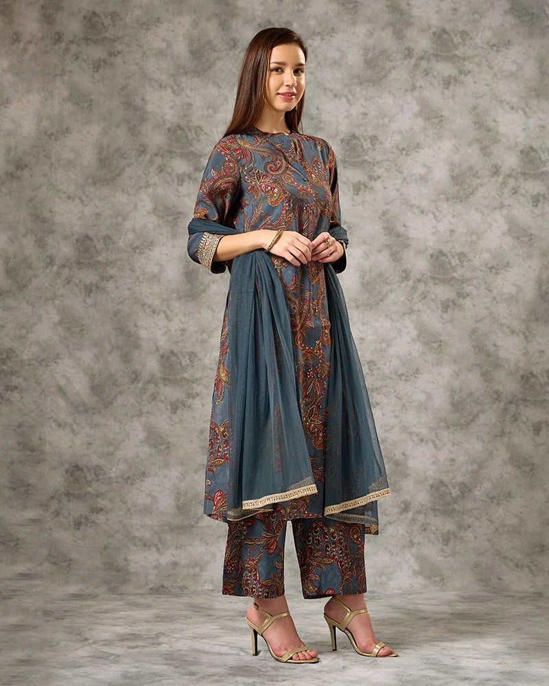 Zari Embroidered All over Printed Mandarin Neck Kurta Set with Pant and Dupatta - Blue