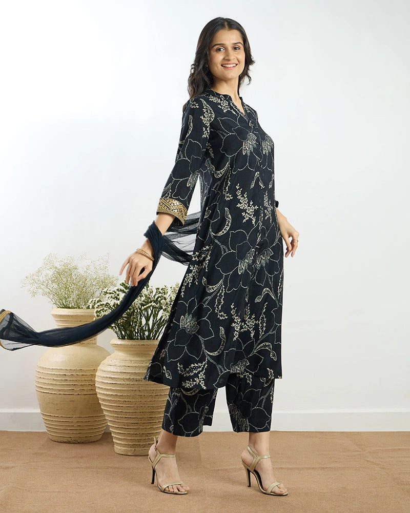 Navy Blue Printed Button-Down Kurta Set with Dupatta for Women