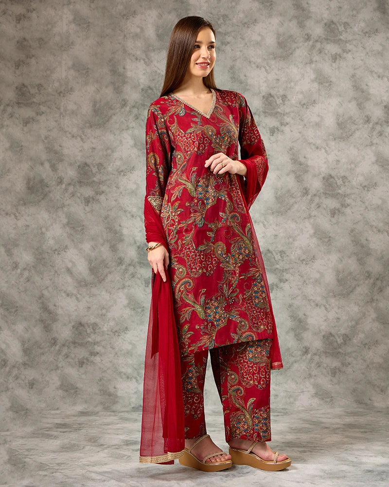 A-line Printed kurta set - Red
