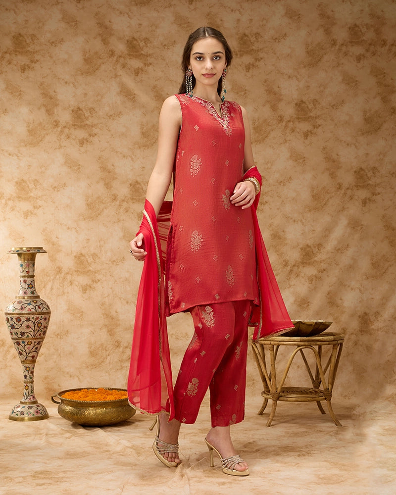 Brocade Kurta Set - Brick Red