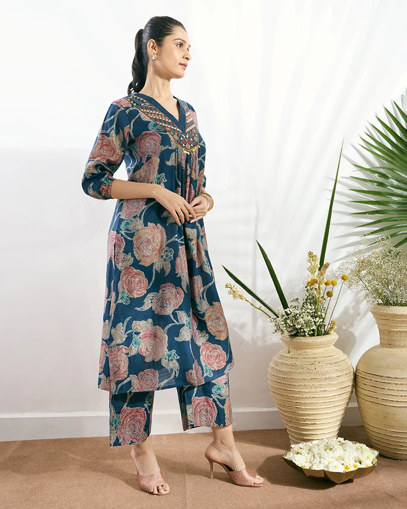 Navy Blue Printed V-Neck Kurta Set with Embroidered Neckline for Women