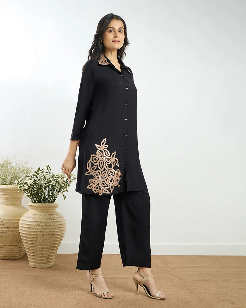 Black Placement Embroidered A-Line Co-ord Set for Women