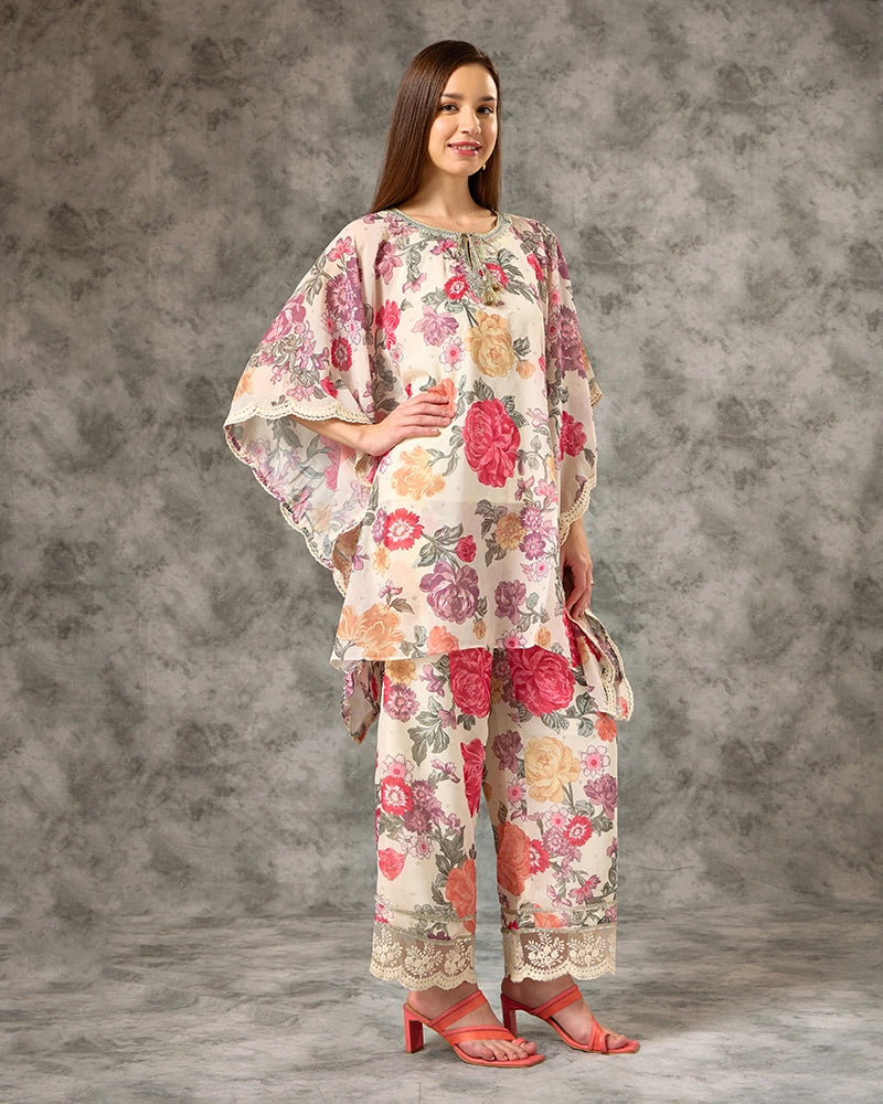 Off White All Over Printed Tie Up Neck Co-Ord Set for Women