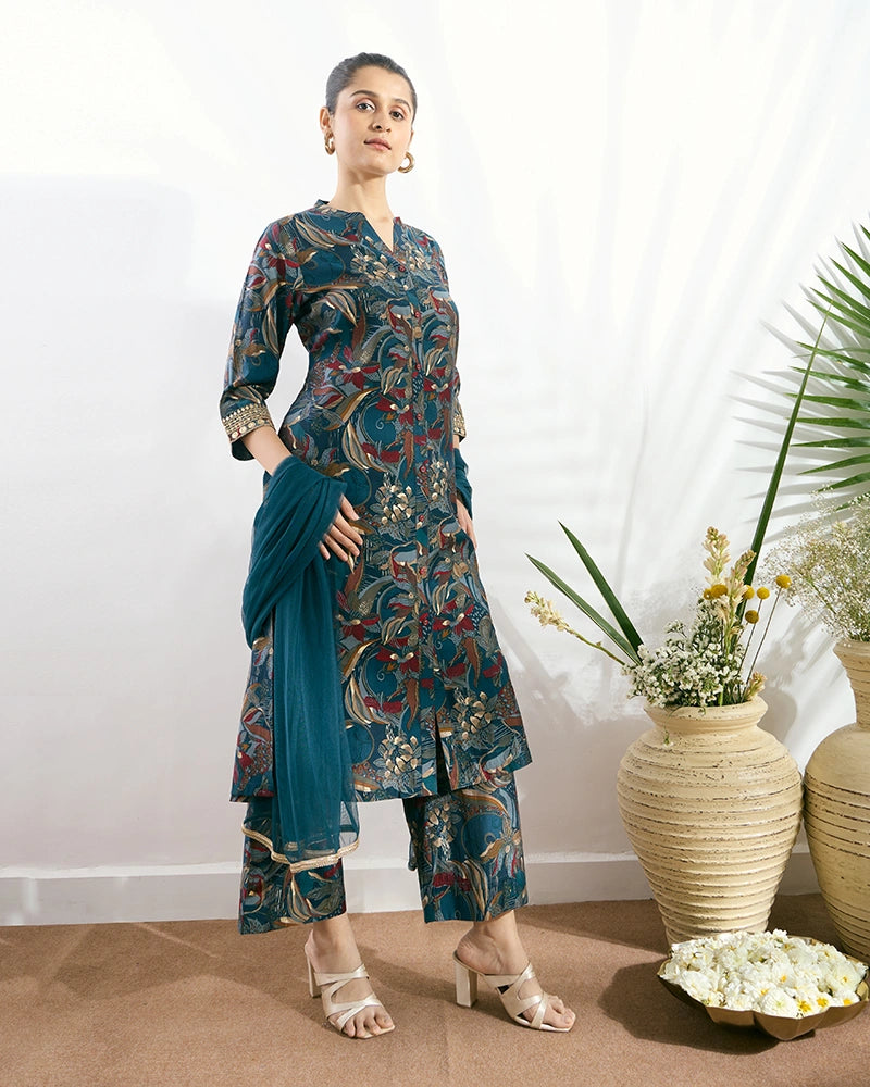 Blue Printed Button-Down Kurta Set with Dupatta for Women