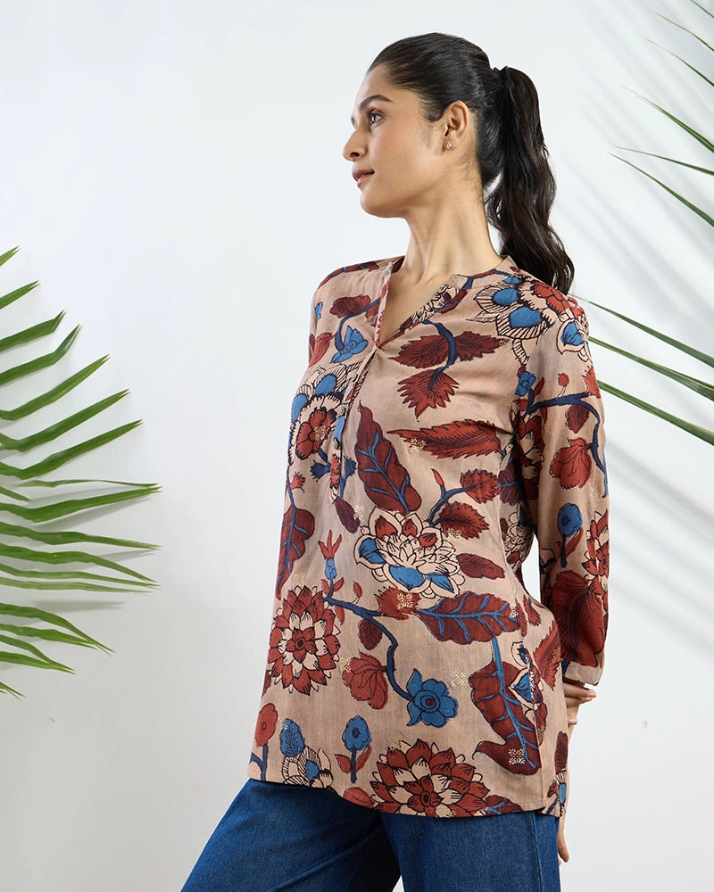 Beige Printed Viscose Tunic for Women