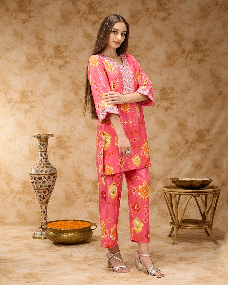 Ikkat Printed Co-ord Set with Mirror Embroidered Yoke