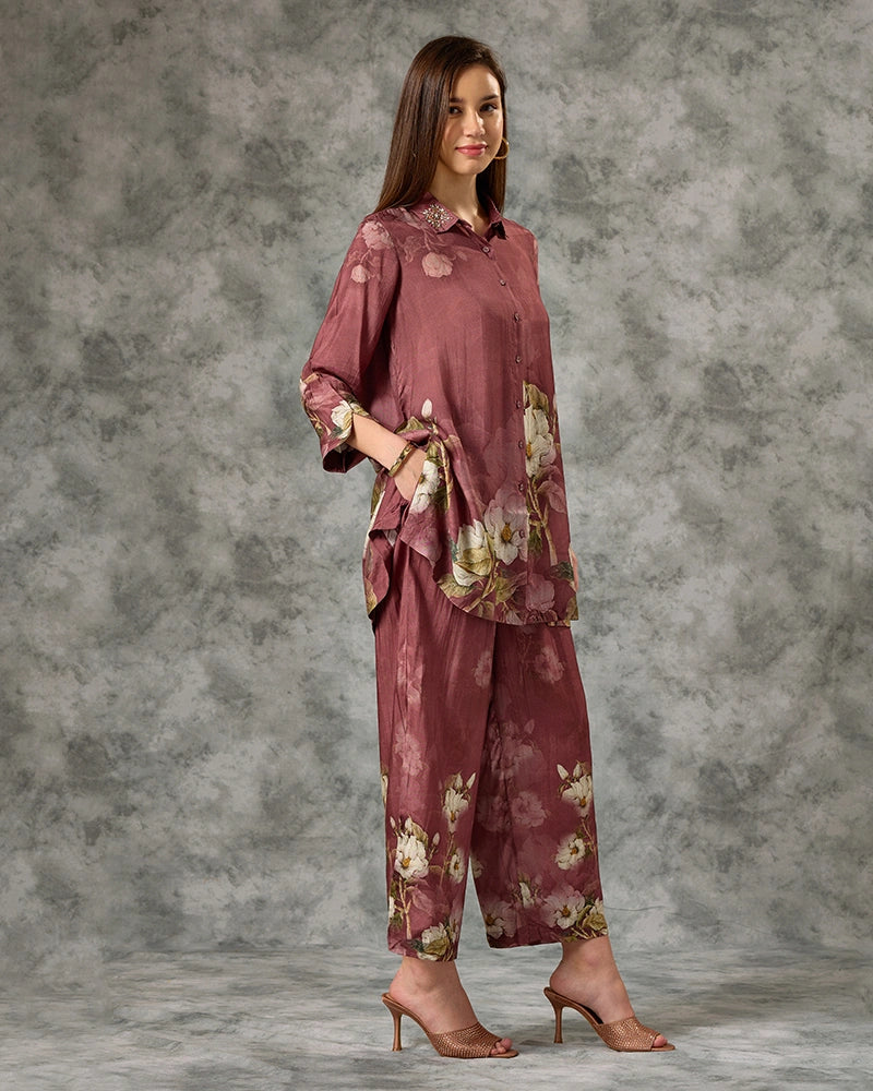 Floral Printed Modal Embroidered Collar Neck Top with Pant Co-Ord Set - Brown